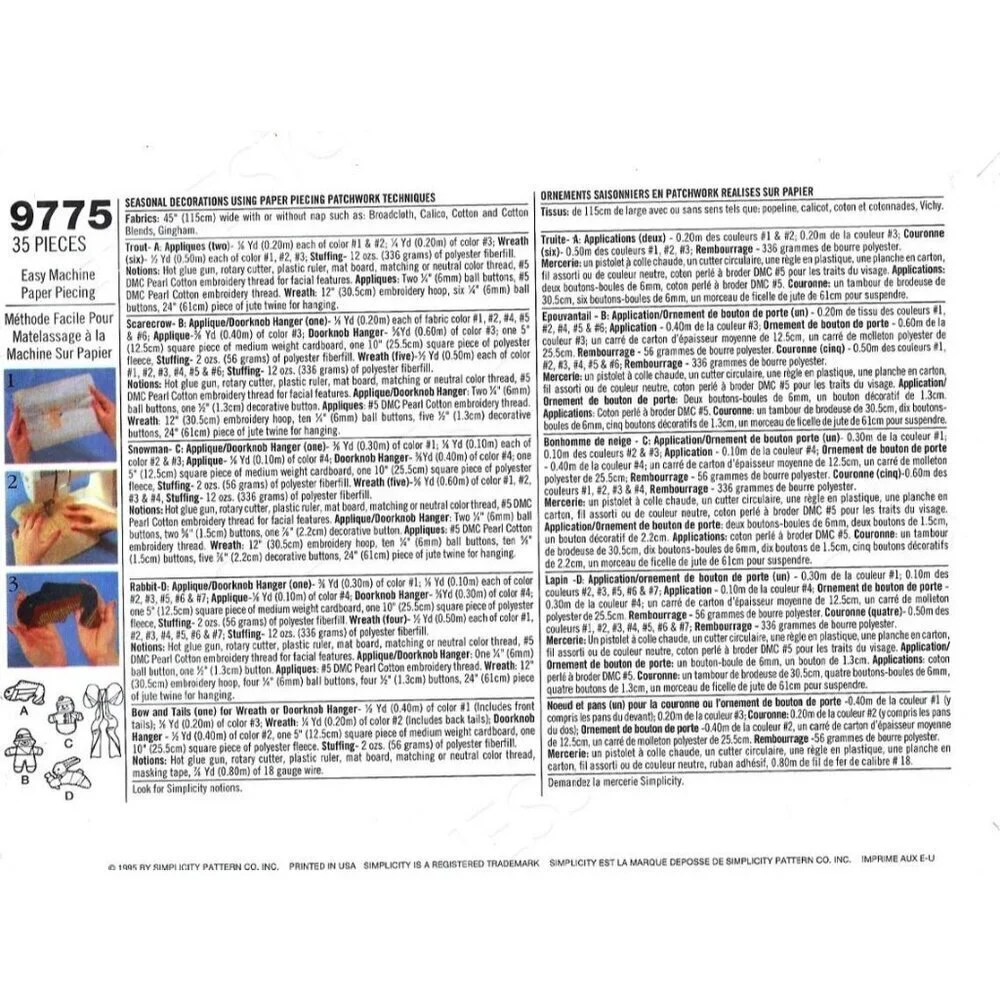 Simplicity Sewing Pattern 9775 Seasonal Door Decorations Paper‎ Piecing